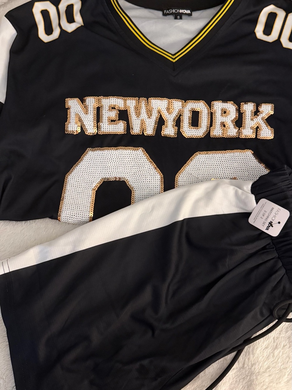 Two Piece Set Black, White & Gold V-Neck Jersey W/ Shorts